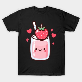 Cute Kawaii Strawberry Milkshake with a Smiley and Hearts | Design for Kawaii Lovers T-Shirt